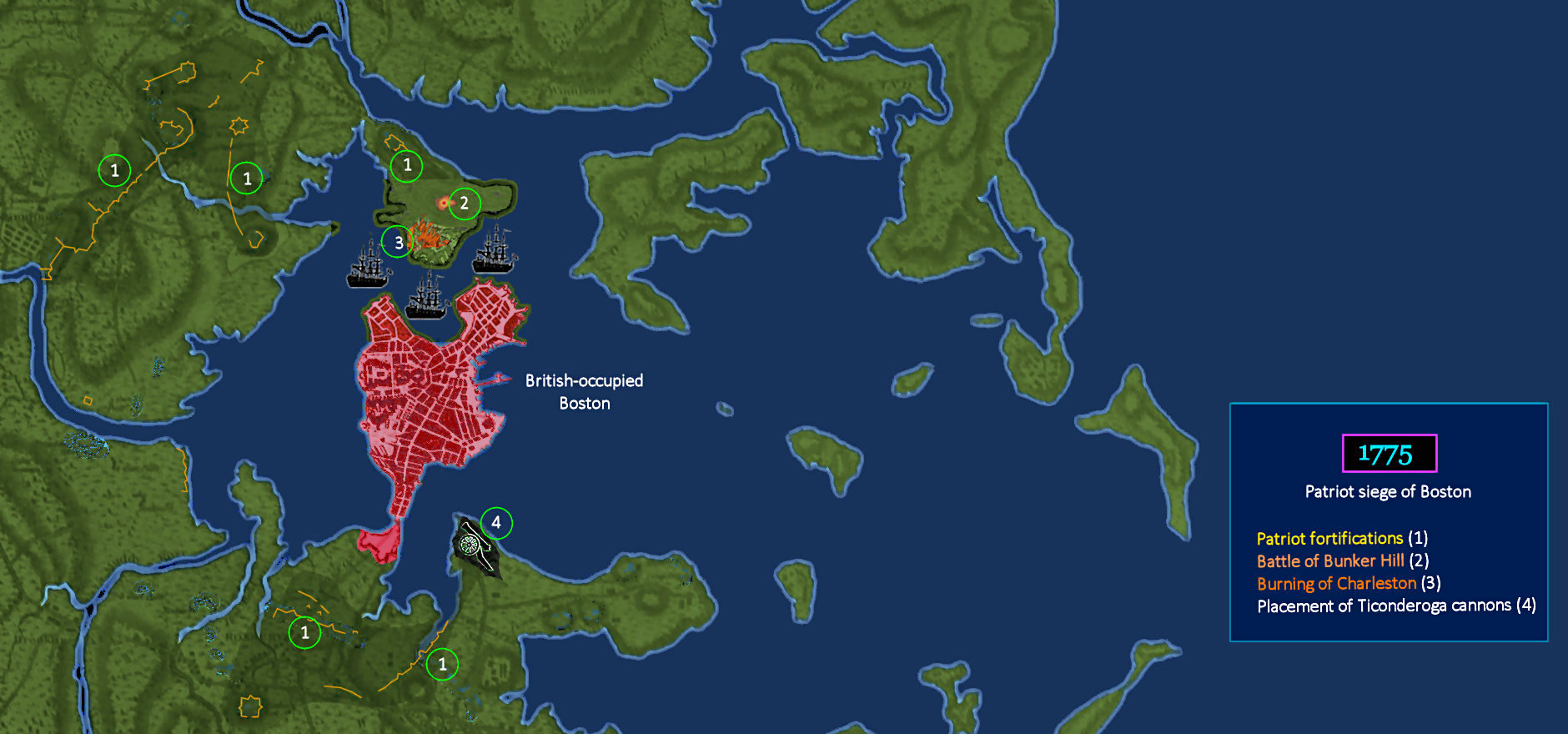 Patriot siege of Boston, 1775 map